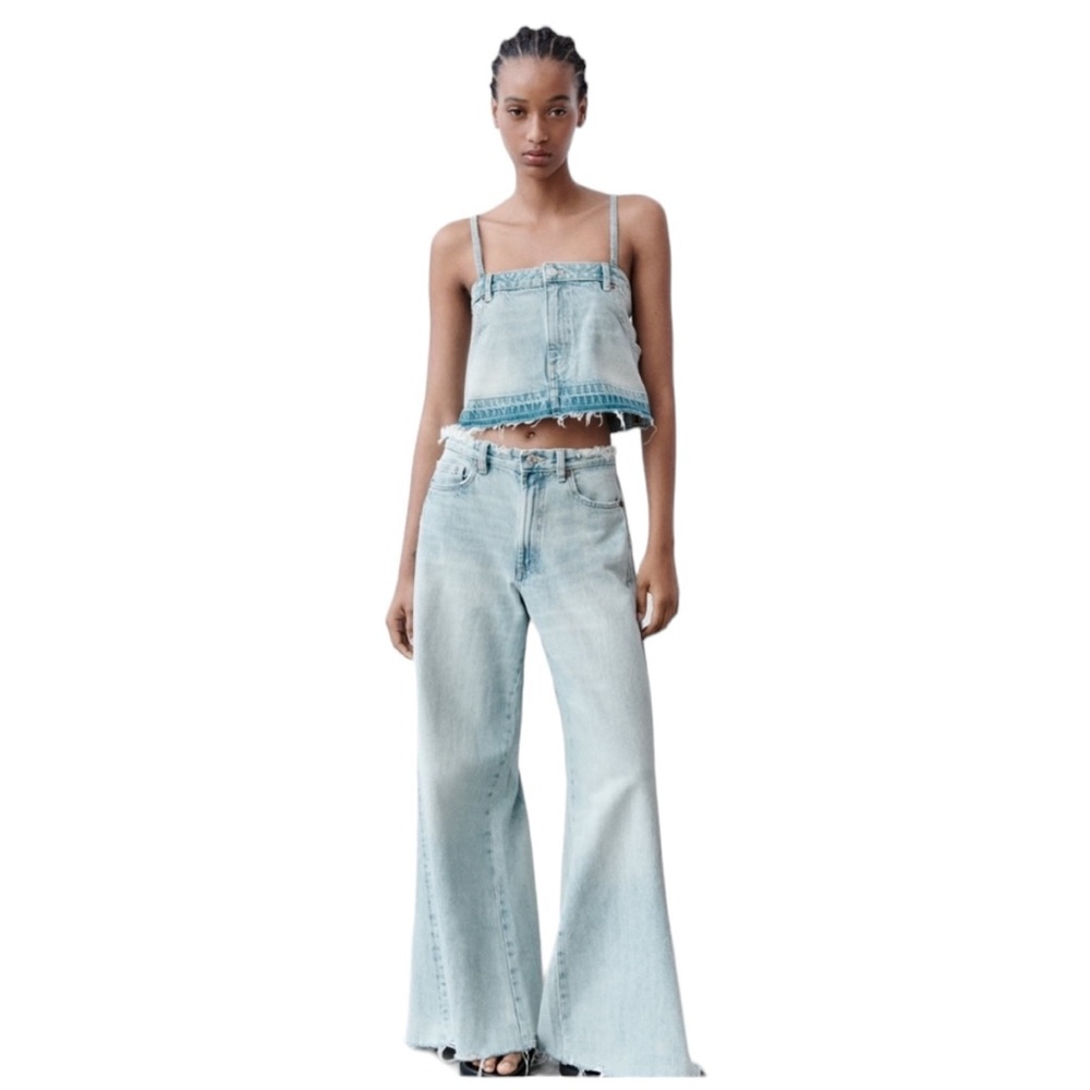 NWT Zara Distressed Denim Skirt Effect Crop Top